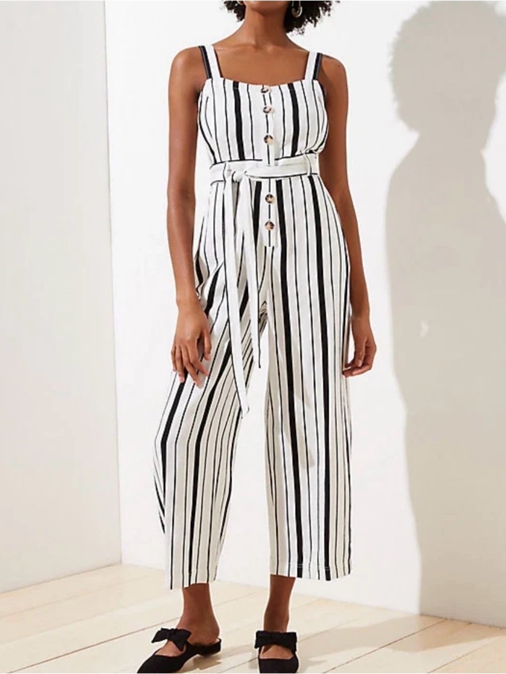 LOFT White & Black Vertical-Stripe Belted Wide-Leg Jumpsuit 12